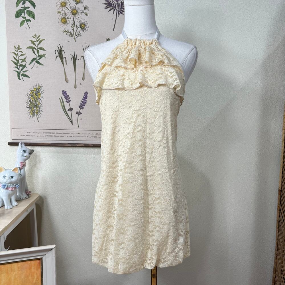 90s Y2k Lace Ruffle Bubble Hem Halter Mini Dress Romantic Dolly Kei Coquette L